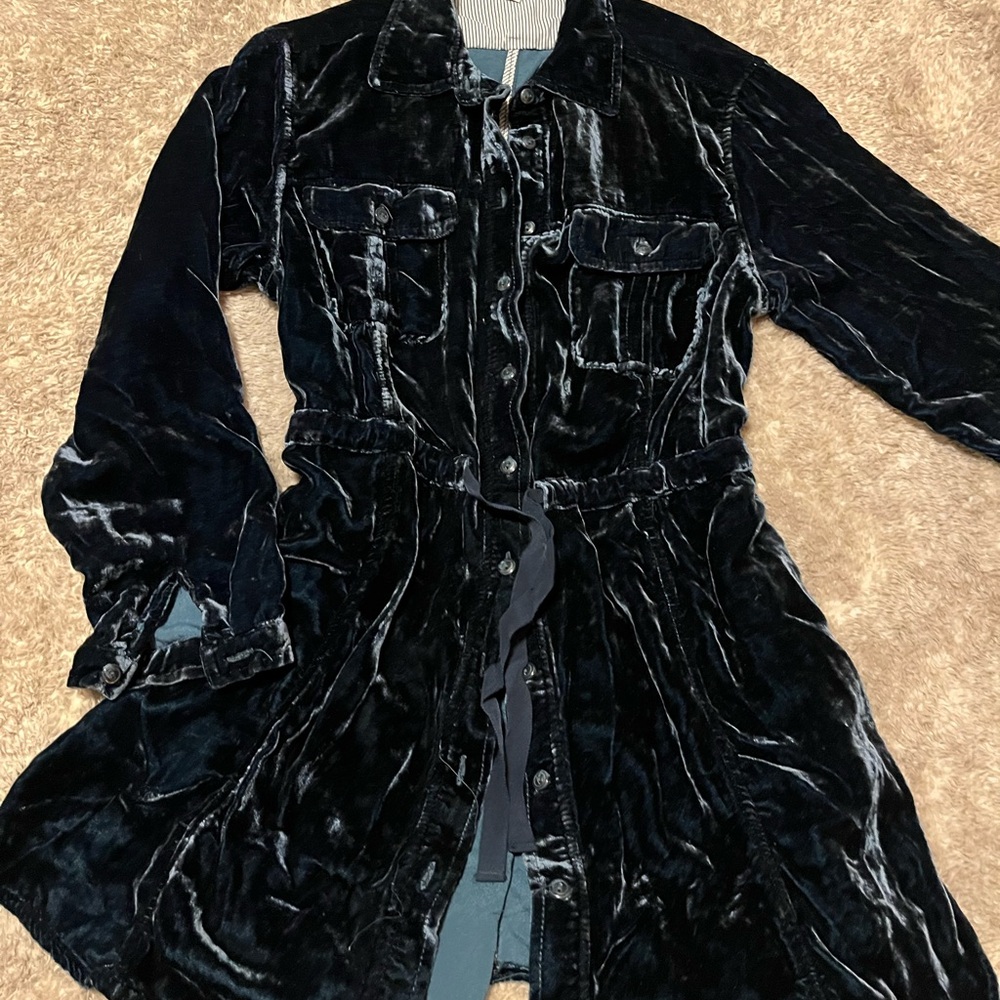 Blue Green Crushed Velvet Long-Sleeve Shirt Dress